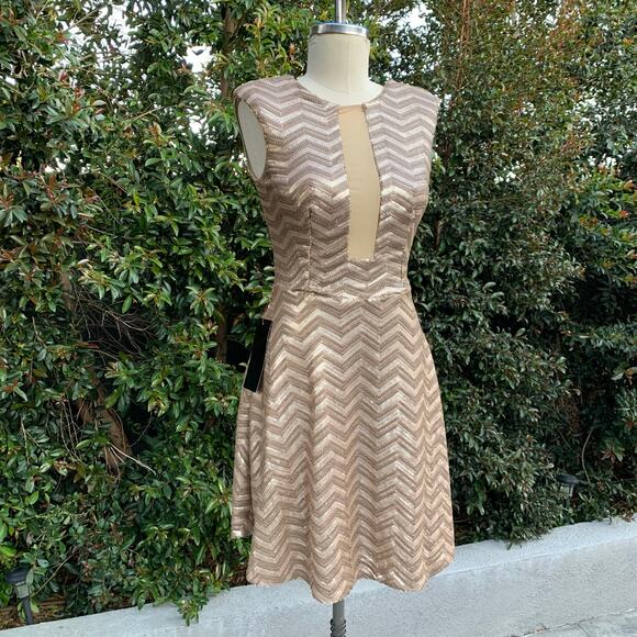 NWT Bebe Brown Gold Sequence Fit and Flare Short Formal Party Dress Medium - Picture 1 of 9